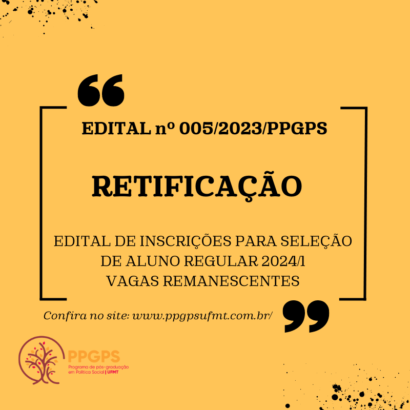 RETIFICAÇÃO – Edital nº 005/2023/PPGPS inscrições para seleção de Aluno Regular